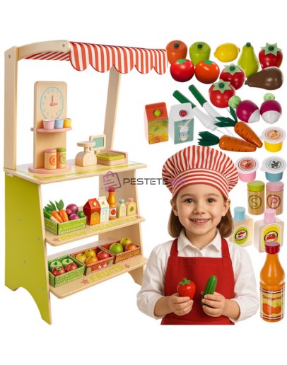 Дървен магазин за деца с касов апарат и плодове и зеленчуци